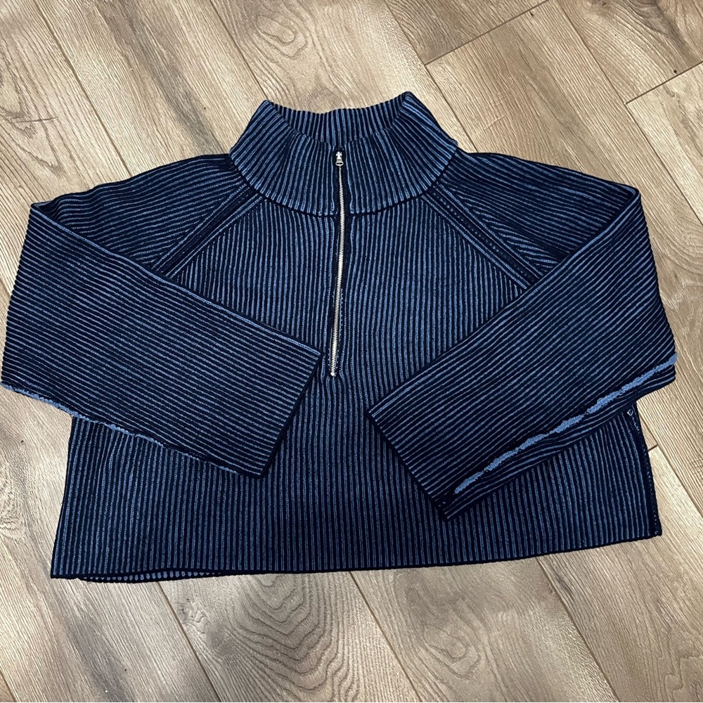 Zenana Outfitters Navy Ribbed Half-Zip Mock Neck Sweater
